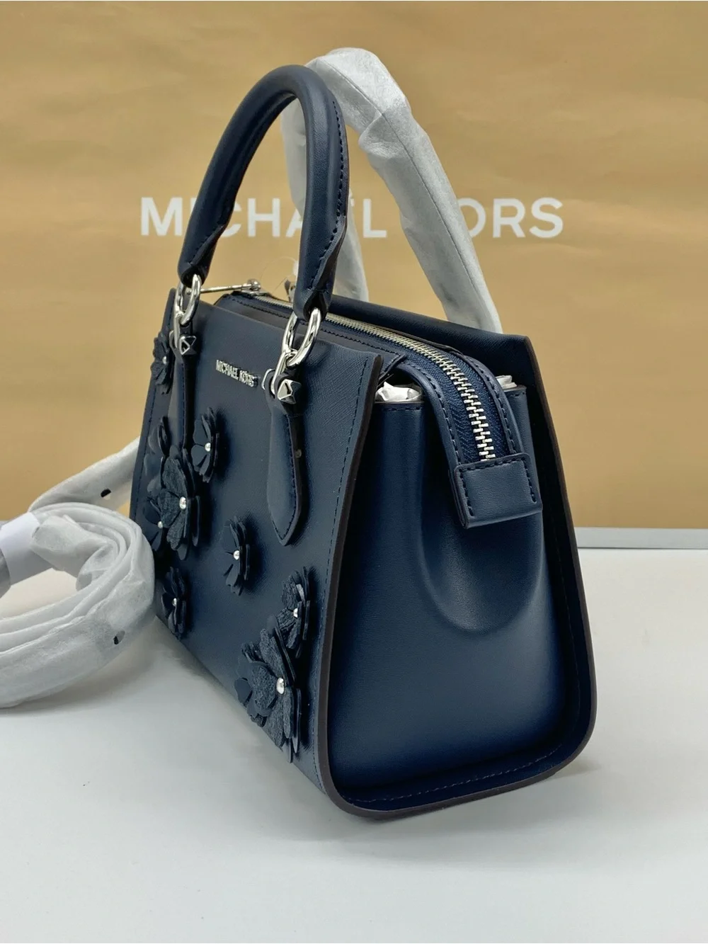 Michael Kors Marilyn Navy Floral Applique Satchel - Picture 6 of 15